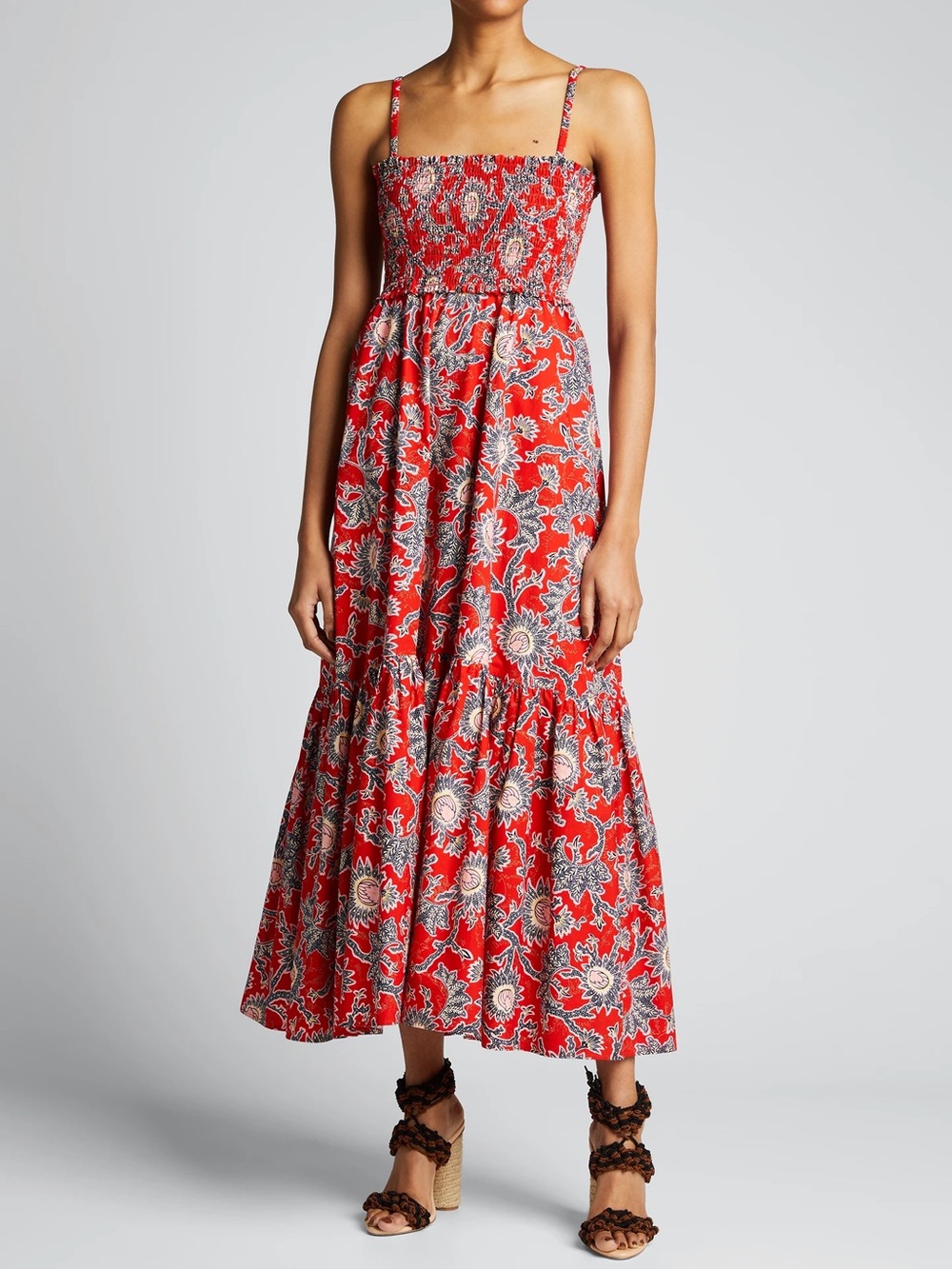 NWT A.L.C. Red Floral Maxi Sundress with Smocked Bodice